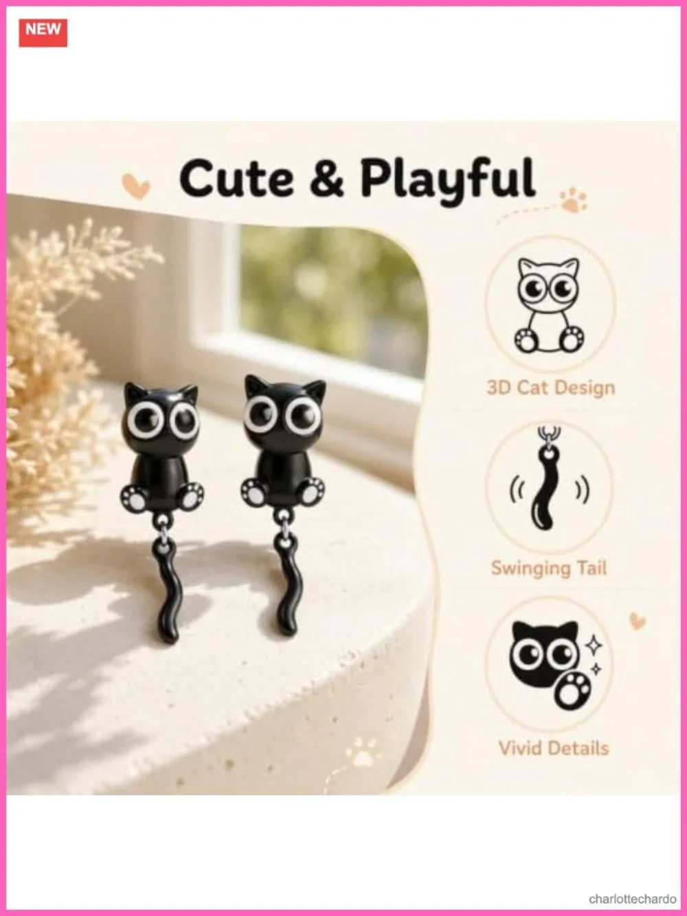 Black Cat Stud Earrings Stainless Steel Halloween Cute Cat Paw Jewelry